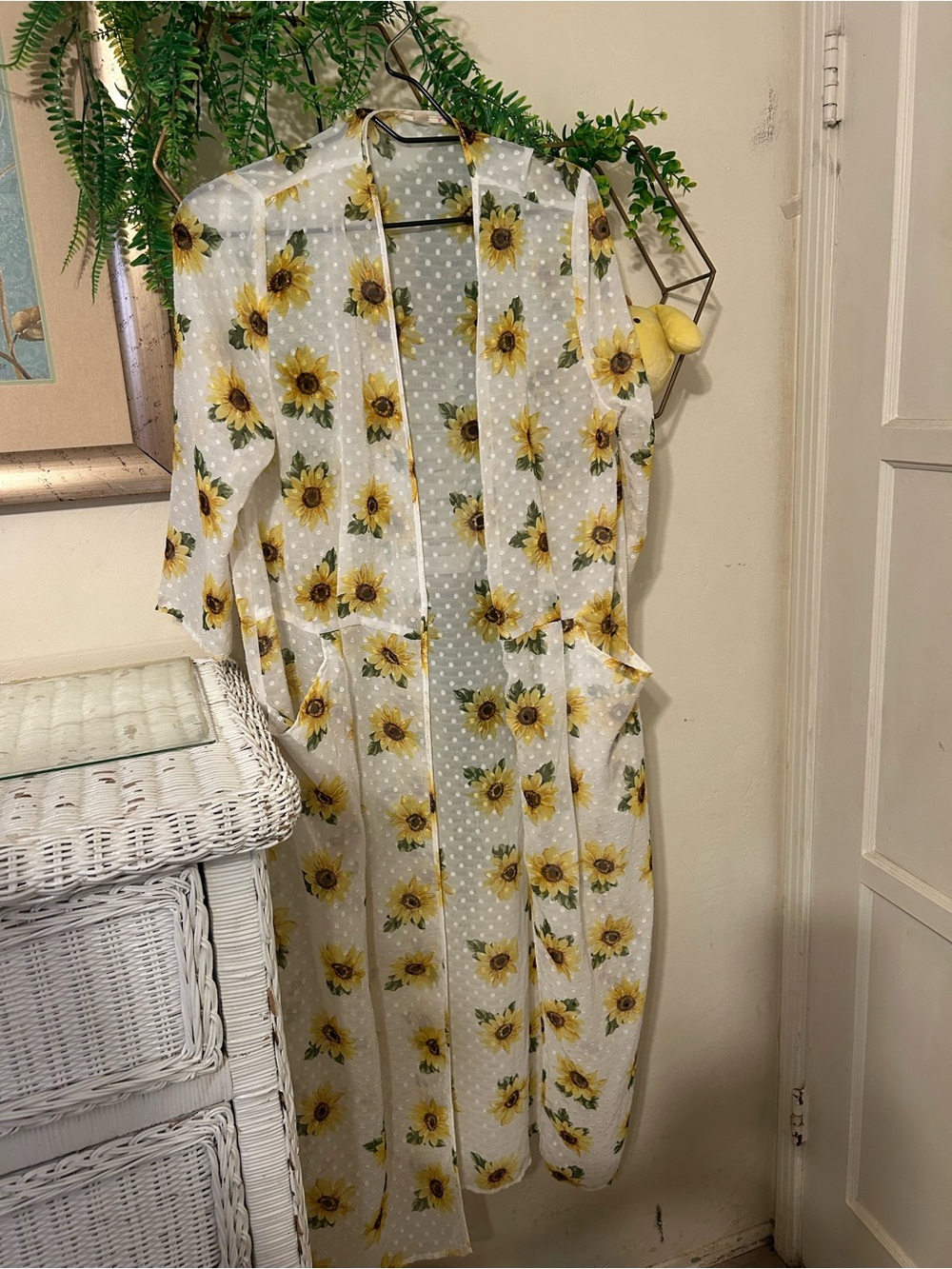 Sunflower Print Sheer Kimono - White & Yellow